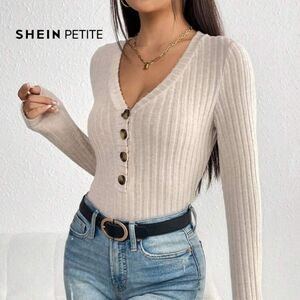 BOGO NWOT SHEIN Apricot Ribbed Bodysuit with Decorative Buttons- Petite L (8/10)